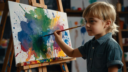 Poster - kids in Art studio with easel and paints background