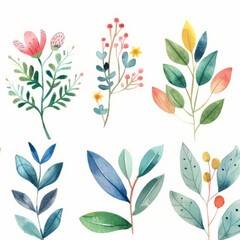 Sticker -  a series of pretty watercolor botantical designs with an illustrative, brush stroke hand-drawn style that are all in the same family and style isolated on white 