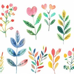 Sticker -  a series of pretty watercolor botantical designs with an illustrative, brush stroke hand-drawn style that are all in the same family and style isolated on white 