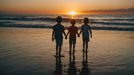 Wall Mural - kids in Sunset over the ocean background