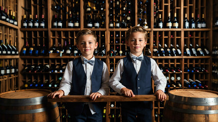 Wall Mural - kids in Wine cellar with wooden racks background