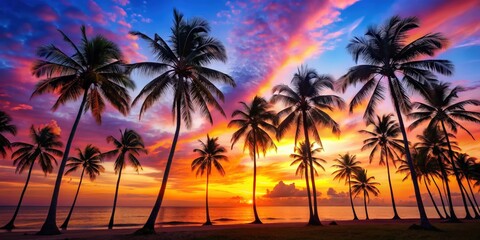 Wall Mural - Coconut palm trees silhouetted against a colorful sunset on a tropical island beach, coconut palm trees, tropical, island