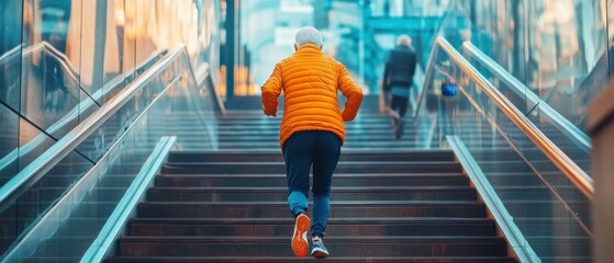 Elderly runner ascending city stairwell with contemporary buildings and vibrant city life in the backdrop emphasizing the contrast between age and vitality