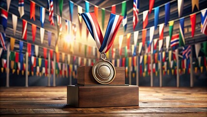 A bronze medal lies on a wooden podium, surrounded by blurred championship flags, symbolizing achievement and hard work in a competitive environment.