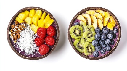 Two bowls of fruit salad with blueberries, raspberries, kiwi, and bananas