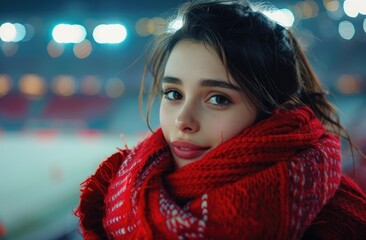 Girl wearing red scarf in stadium