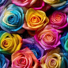 Sticker - Close-up of fresh colorful rainbow roses with dew drops on the petals.