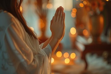 Close-up of the hands of a beautiful religious woman praying on a light glowing background. Side view, hands clasped together.