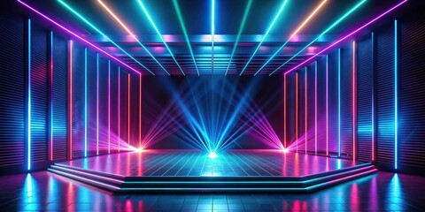 Wall Mural - Futuristic empty stage with neon rays , futuristic, abstract, empty, stage, neon, lights, technology, digital, space