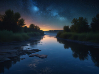 Starry night sky above the lake in the forest, beautiful sunset scenery nature landscape view