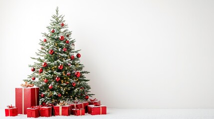 Sticker - Christmas Tree with Red decorations and Gifts. Holiday concept on White background with copy-space. 