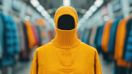 Blurred background image of fashionable person wearing a cozy yellow turtleneck sweater showcasing winter apparel and accessories to promote products on social media platforms