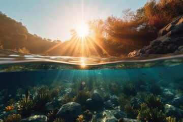 Wall Mural - Sunlight breaks the surface, revealing vibrant underwater vegetation and pebbles while the day transitions to evening