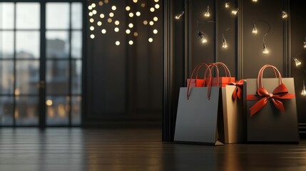 Elegant black and beige shopping bags with red gifts on wooden tabletop, luxury background