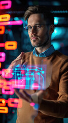 Wall Mural - A man in a brown sweater interacts with holographic displays of circuits and data in a modern tech workspace, illuminated by colorful lights