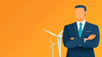 Businessman with arms crossed, green energy future, flat design illustration