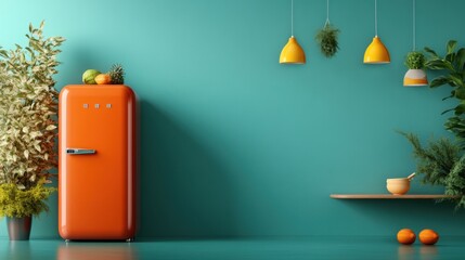 A retro-inspired refrigerator with a glossy red finish in a colorful kitchen