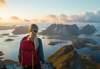 Sticker - A blonde woman with red backpack stands on the top of Norway's Mount Lofoten, overlooking an archipelago and sea at sunrise