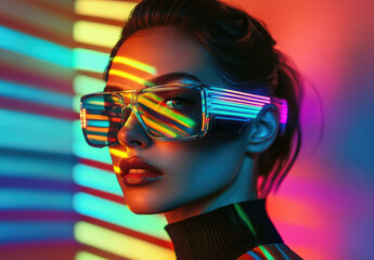 Canvas Print - A beautiful woman wearing neon glasses poses in front of a colorful, striped background