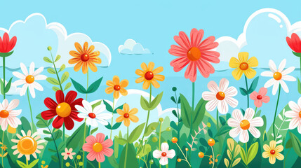 Wall Mural - A vibrant garden filled with various flowers blooming under a bright blue sky adorned with fluffy white clouds