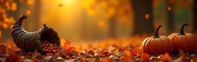 Wall Mural - cornucopia with small fruits and pumpkins on a leaf-strewn forest floor, bathed in warm autumn sunli