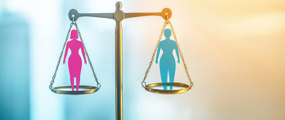 Scales with female figure and male figure. Concept of gender equality. Equivalence, rights, equality, genders social issues