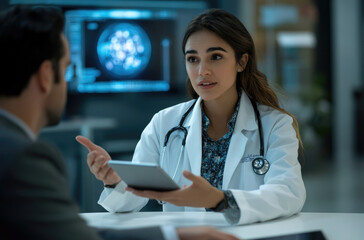 Sticker - A young female doctor wearing a white coat and stethoscope is sitting at a table, holding an iPad in her hand while talking to another man