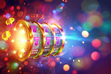 The vibrant slot machine spins with glowing reels, coins flying around in a festive casino environment filled with colorful lights