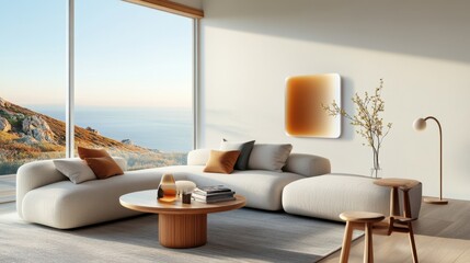 Sticker - A minimalist living room with ultrathin, holographic heaters projecting warmth and light, blending into the walls