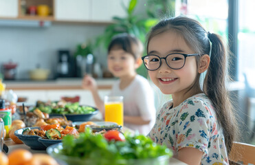 Canvas Print - Two young Asian girls, around the age of ten years old and with black hair in pigtails, are making vegetable sandwiches at home on a wooden table