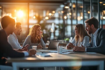 Poster - Engaging Dynamic Business Meeting Held Over a Cup of Coffee in a Contemporary Workspace Setting, Facilitating Effective Communication and Collaboration Among Employees and Leaders