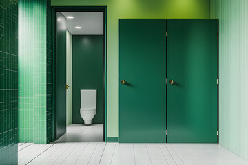 Green public bathroom interior toilet cubicles and opened door, mock up wall