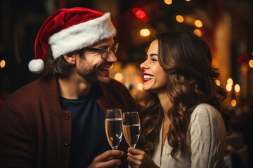 Couple in santa hats smiling at christmas