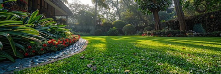 Sticker - Peaceful Backyard Garden with Lush Green Lawn and Flower Beds on a Sunny Morning