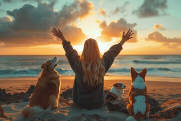 Poster - a woman wearing an oversized black hoodie back view, hands up in the air, on a beach at sunset, freedom feeling and love