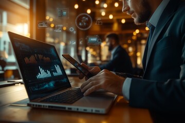 Poster - A dedicated professional businessman is actively working on his laptop within a contemporary, modern office environment that fosters productivity and collaboration among team members