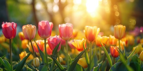 Sticker - Colorful tulips blooming in spring sunlight