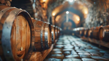 Oak barrels lined up in a winery