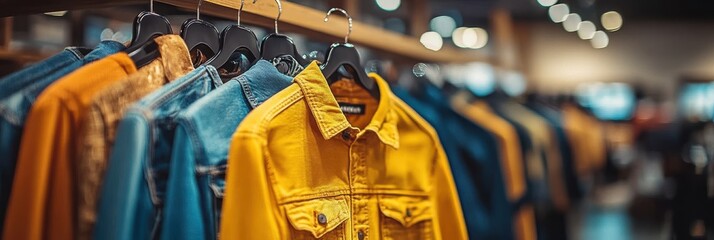 Rack of jeans and jackets in urban store with bokeh lights, retro fashion concept