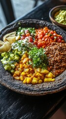 A vibrant platter of fresh vegetables, lentils, and colorful garnishes, perfect for a healthy and delicious meal.