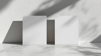 Wall Mural - Two Blank White Cards on Marble Surface with Shadow