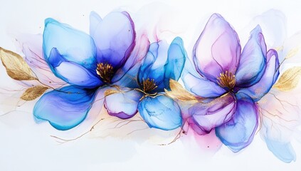 alcohol ink painting of purple and blue magnolia flowers, gold leaves, fantasy style