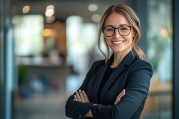 Aufkleber - In a modern office, a confident professional displays achievements and goals, emphasizing collaboration, communication, leadership, and innovation, reflecting dedication to career success and growth