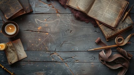 A flat lay of an old wooden table with candles, ancient books and quills scattered across the surface