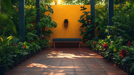 Canvas Print - A  patio with a wooden bench, a yellow wall, and potted plants.