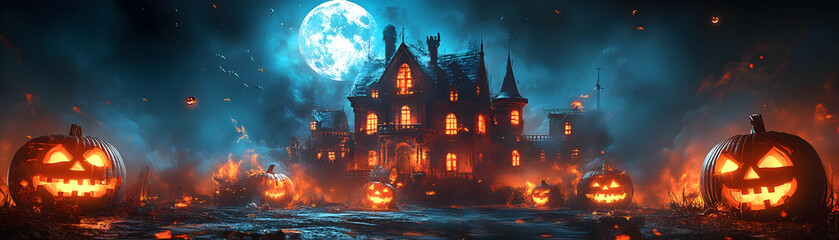 Wall Mural - Haunted House Halloween Night with Jack o Lanterns and Full Moon