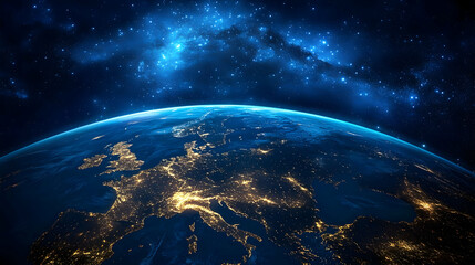 Wall Mural - earth at night with milky way galaxy and city lights