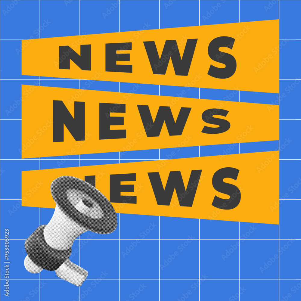 Graphics File Highlight News halftone collage, Bold news announcement graphic with vibrant blue and ...