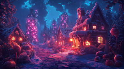 Dark, mystical kingdom where everything is made of candy, with haunted towers, creepy candy creatures, and eerie lighting