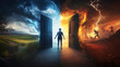 © munirahsamsudin - A split image of a person standing between two doors one door opens to a serene landscape with a clear blue sky, lush fields, and a welcoming home, while the other door reveals a stormy, chaotic world